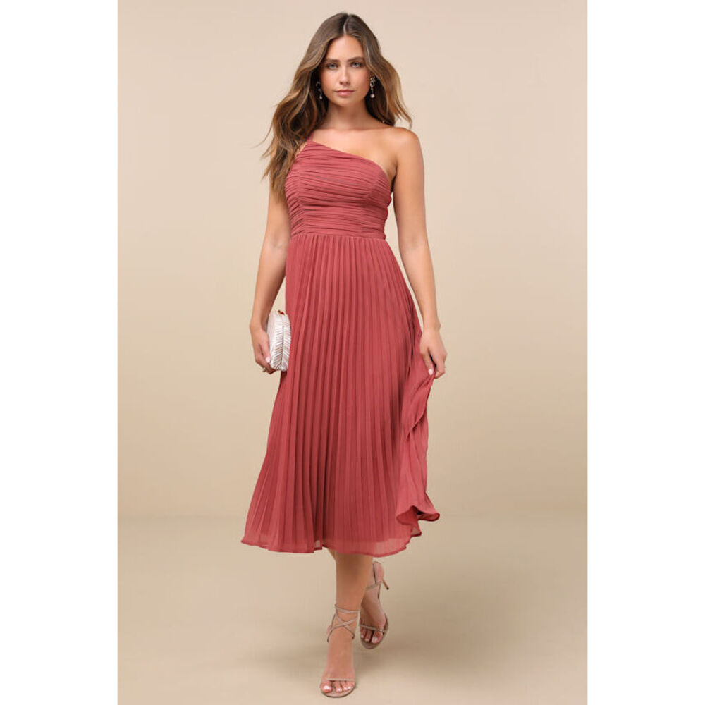 Lulus Wondrous Muse Rusty Rose Pleated One-shoulder Midi Dress Pink - Size L